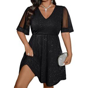Women's Plus Size A Line Dress Mesh Short Sleeve V Neck Flared Party Dress